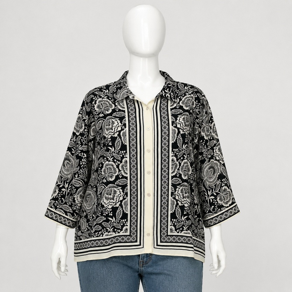 Rose + Olive Black White Floral Blouse 1X Boho Border Print Button Top Relaxed